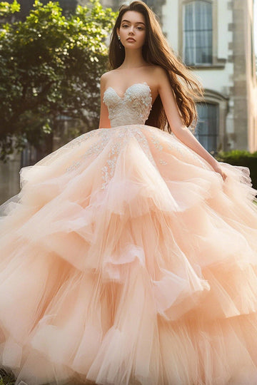 Ball Gown Strapless Champagne Ruffled Quinceanera Dress